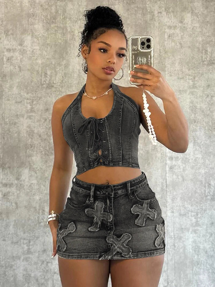 Girls Of Fashion Denim Women 2 Piece Set Summer Tracksuit Shirring Halter Backless Tank Tops+Print Skirts Matching Streetwear Outfits