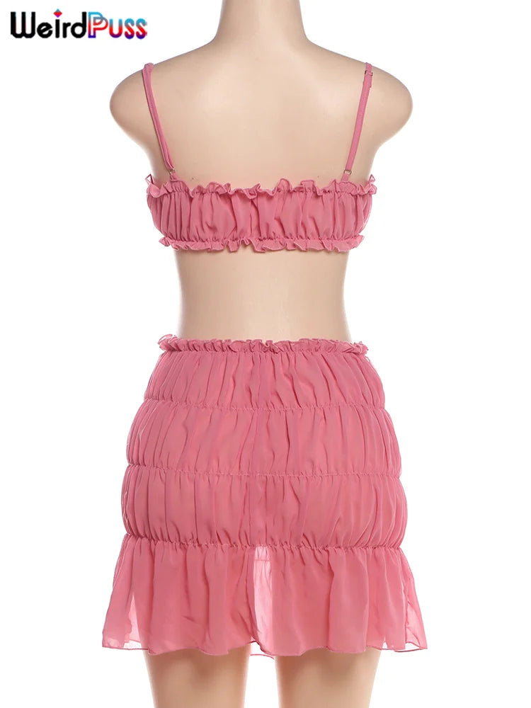 Weird Puss Ruffles 2 Piece Set Women Summer Beach Style Vacation Thin Camisole+Ruched Peach Hip Skirts Sexy Matching Clubwear