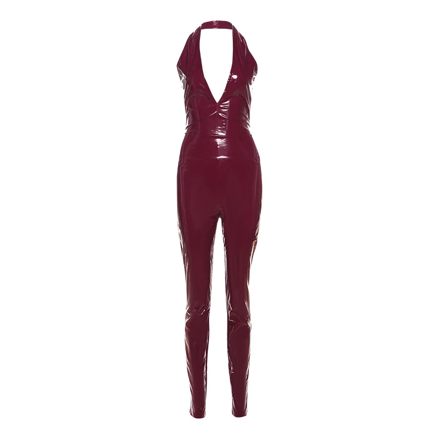 Weird Puss Faux Leather 2 Piece Set Women Sexy Low-Neck Halter Sleeveless Bodysuit+Zipper Waist Stretch Pant Clubwear Trend Suit %