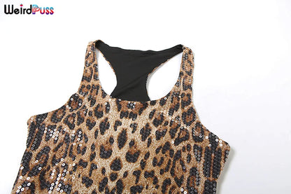 Weird Puss Tight Tank Dress Women Leopard Sequins Summer Trend Stretch Low-Neck Skinny Streetwear Birthday Party Mini Bodycon