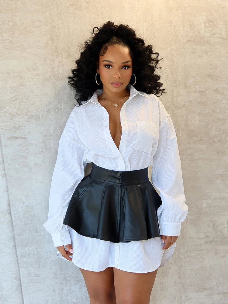 Girls Of Fashion Contrast Casual 2 Piece Set Women Rhinestones Single-Breasted Puff Sleeve Shirt+High-Waisted Leather Mini Skirts Suit