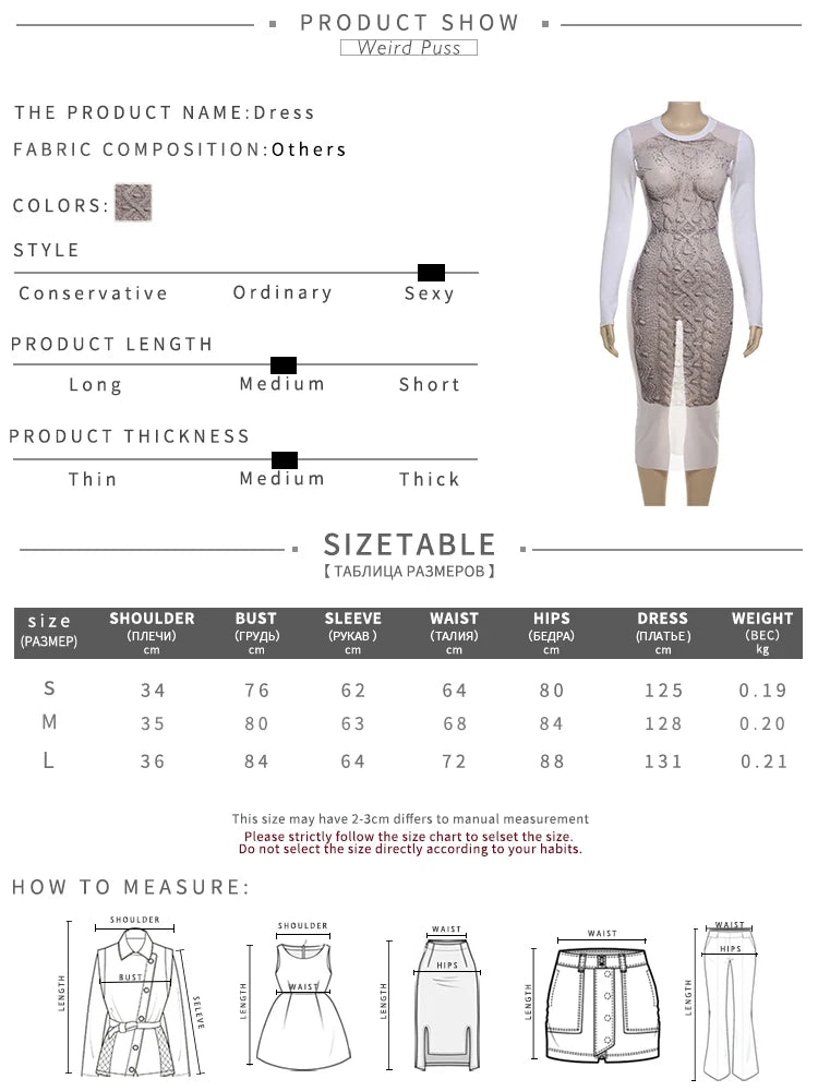 Weird Puss Sexy See Through Dress Women Innovative Woollen Print Full Sleeve Skinny o-Neck Fall Clubwear Stretch Slim Vestidos %