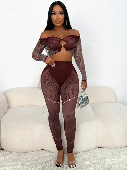 Weird Puss Sexy Thick Women 2Piece Set Chic Hollow Rhinestones Slash Neck Crop Tops+Patchwork Leggings Stretch Matching Clubwear