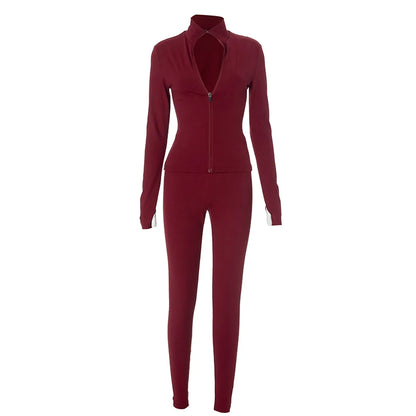 Weird Puss Casual Sporty 2 Piece Set Women Turtleneck Zipper Long Sleeve Jacket+Skinny Solid Straight Pants Workout Tracksuit