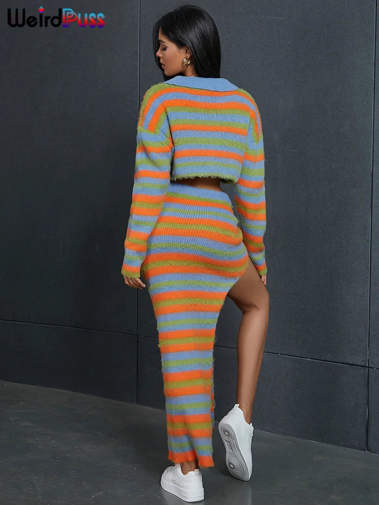 Weird Puss Sweater Knit 2 Piece Set Women Striped Autumn Casual Zipper Corp Tops+Irregular Maxi Skirts Streetwear Matching Suits