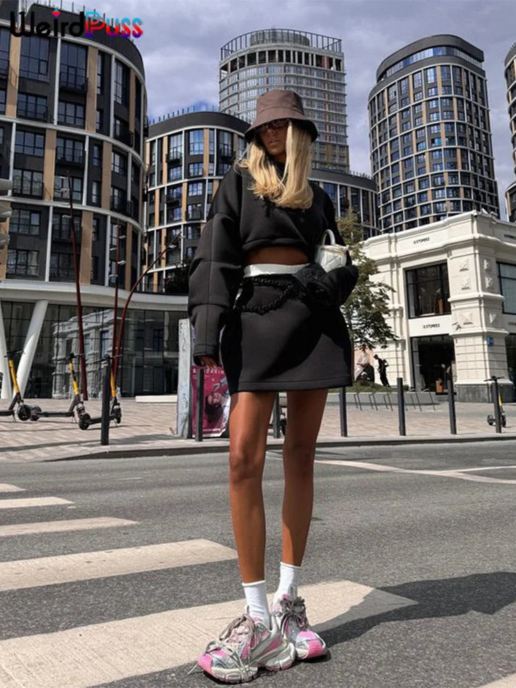 Girls Of Fashion Casual 2 Piece Set Women Patch Full Sleeve Crop Tops+Wide Belt Fake 2 Pieces Skirts Matching Casual Street Outfits