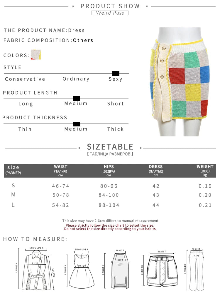 Weird Puss Knit Women 2 Piece Set Colorful Diamond Button Shorts Sleeve Polo Neck Crop Tops+Irregular Skirts Matching Streetwear