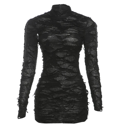 Weird Puss Destruction Style Dress Women Autumn Trend Turtleneck Backless See Through Full Sleeve Skinny Stretch Mini Bodycon D4