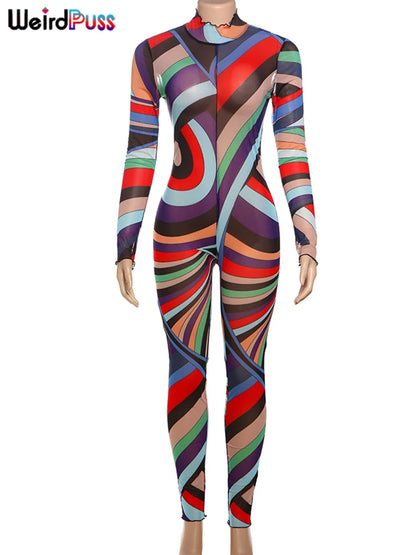 Girls Of Fashion Sexy Colorful Print Jumpsuit Women Mesh Zip Y2K Full Sleeve O-Neck Turtleneck Trend Skinny Stretch Workout Overalls //