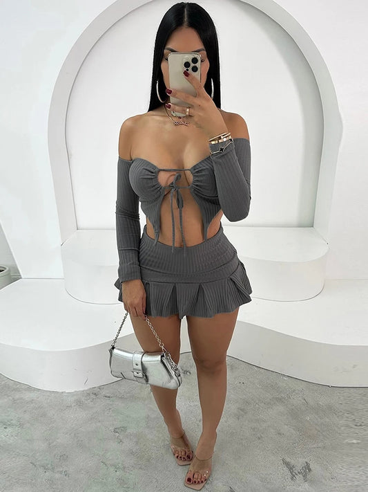 Weird Puss Hottie Irregular 2 Piece Set Women Slash Neck Hollow Bandage Backless Crop Tops+Ruffles Skirts Trend Streetwear Suits D4