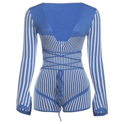 Weird Puss Crochet Bandage Playsuits Women Low-Neck Contrast Striped Patchwork Long Sleeve Autumn Trend Vacation Skinny Romper