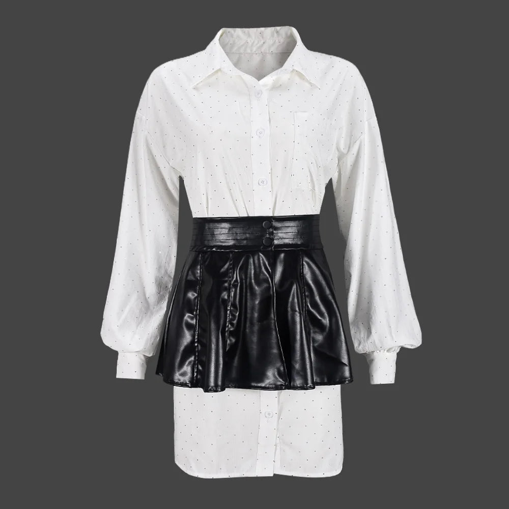 Girls Of Fashion Contrast Casual 2 Piece Set Women Rhinestones Single-Breasted Puff Sleeve Shirt+High-Waisted Leather Mini Skirts Suit