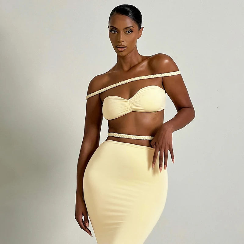 Weird Puss Sexy Women 2 Piece set Women Twist Braid Off-Shoulder Wrap Mini Top+Maxi Split Skirt Summer Trend Sexy Nightclub Suit