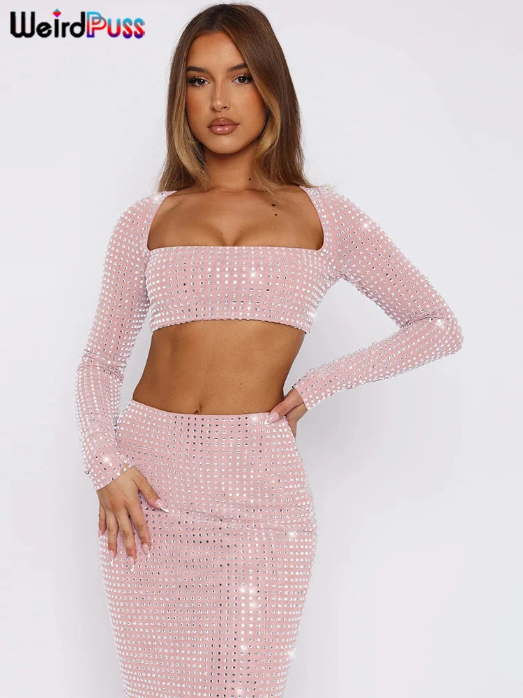 Weird Puss Plaid Sequins 2 Piece Set Women Backless Lace-Up 5quare Collar Crop Tops+Elastic Waist Skirt Trend Elegant Shine Suit