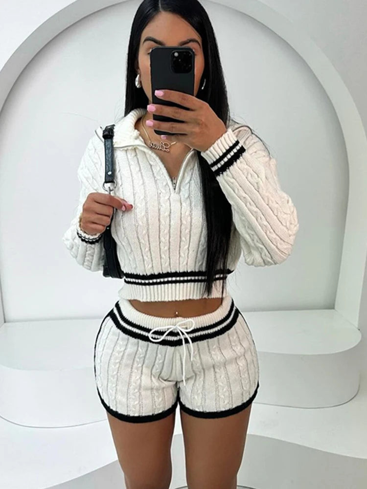 Weird Puss Knitted Contrast 2 Piece Set Women Zipper Lapel Neck Full Sleeve Crop Tops+Drawstring Skinny Mini Shorts Casual Suit