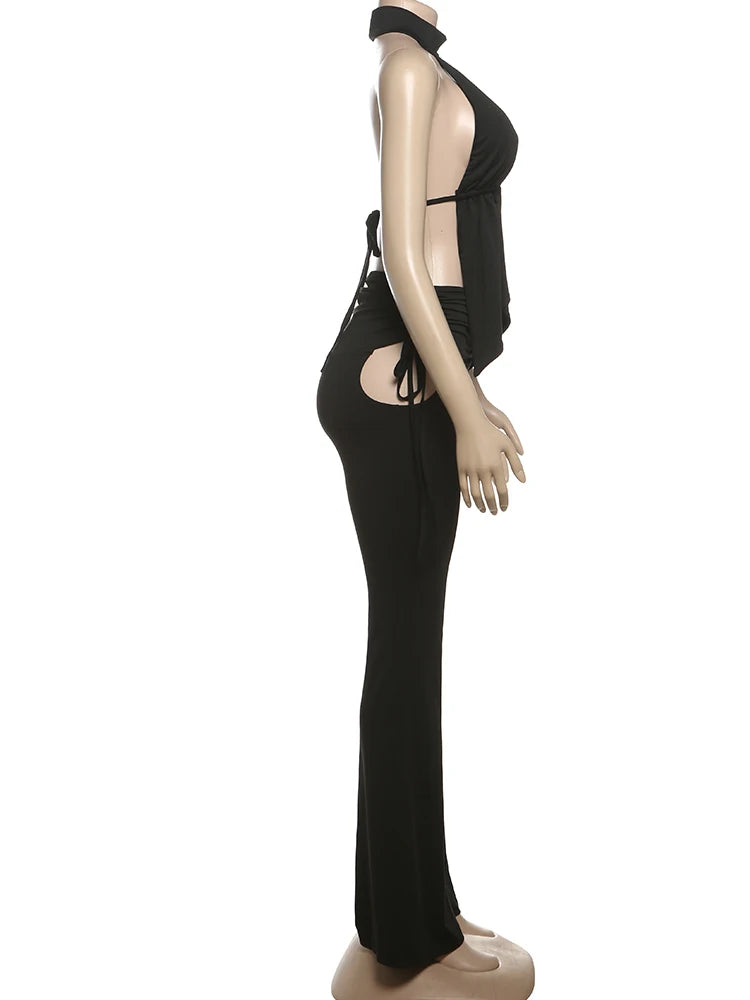 Weird Puss Sexy Women 2Piece Set Y2K Bandage Ruched Halter Backless Camisole+Side Hollow Flare Pants Midnight Club Matching Suit D4