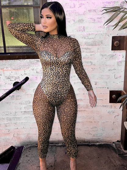 Weird Puss Leopard See Through Jumpsuit Women Patchwork Velvet Bandage Backless Hottie Skinny Sexy Wild Trend Clubwear Overalls %