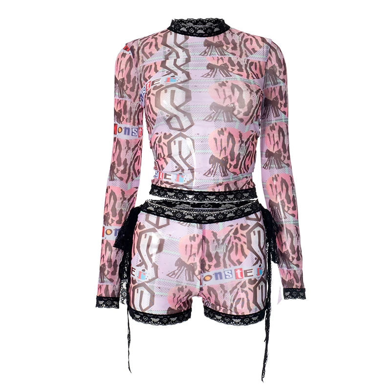 Weird Puss See Through Women 2 Piece Set Sexy Black-Edged Lace Sexy Full Sleeve Crop Tops+Shorts Matching Club Stretch Outfits D4