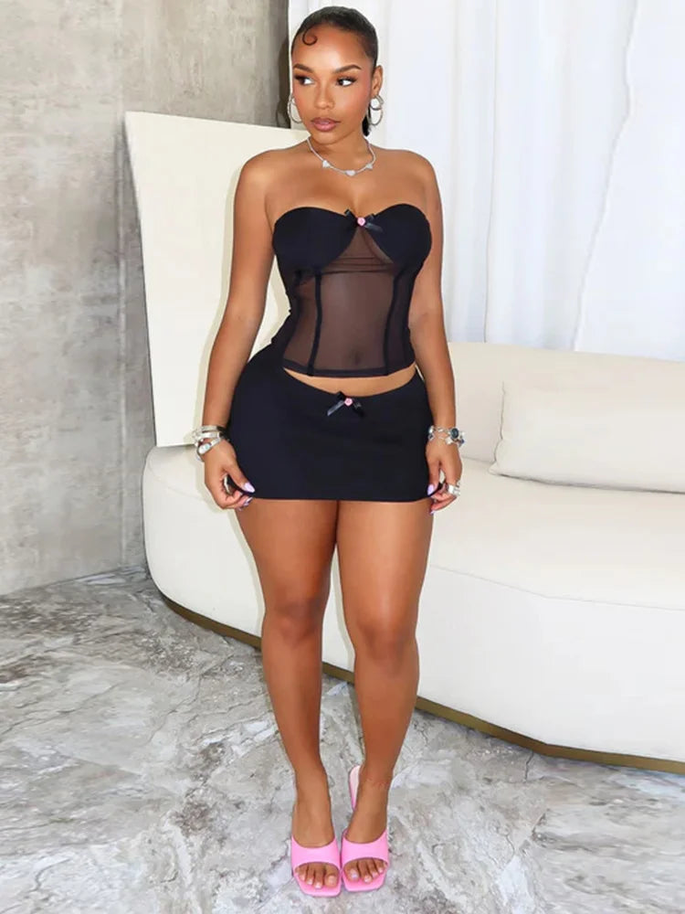 Girls Of Fashion Bow See Through 2 Piece Set Women Chest Wrap Backless Crop Tops+Chic Elastic Waist Skinny Mini Skirts Sexy Trend Suit