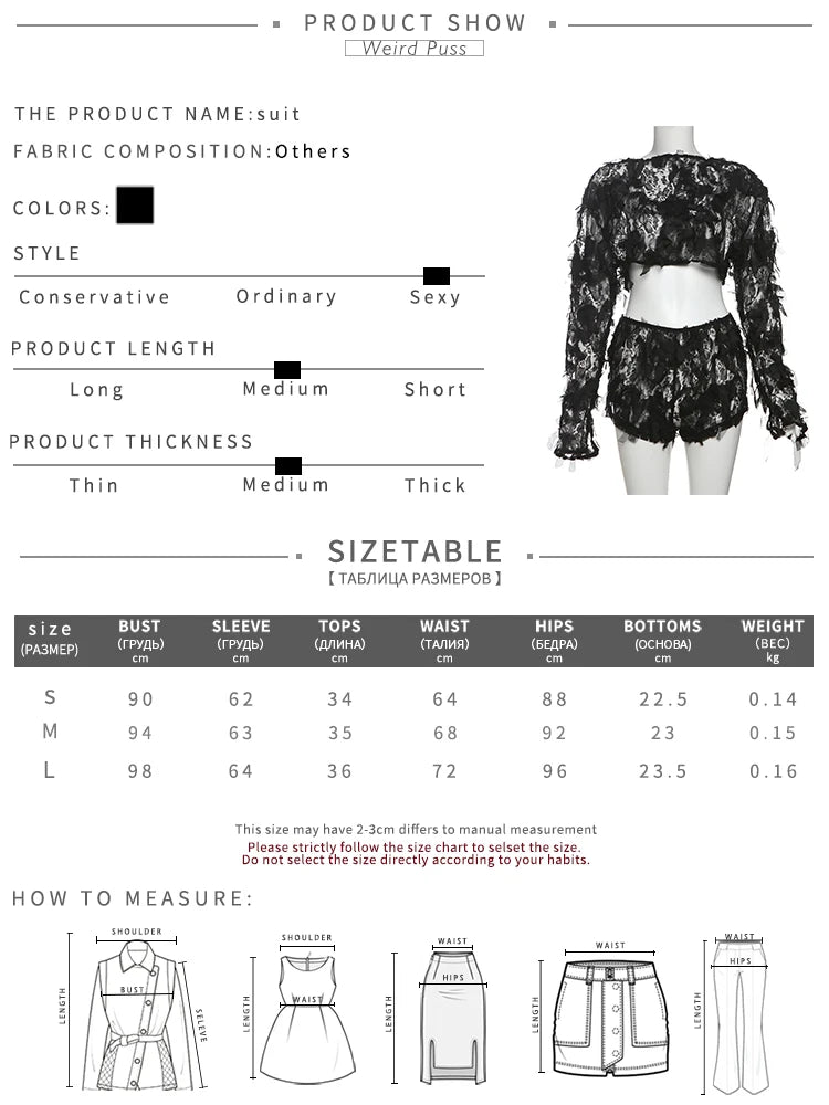 Weird Puss Crumb Tassels Women 2 Piece Set Y2K Sexy Hollow Full Sleeve Crop Tops+Shorts Matching Clubwear Skinny Midnight Outfit %