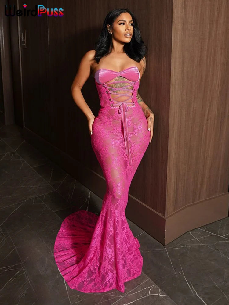 Girls Of Fashion Sexy Party Dress Women Mesh Patchwork Strapless Shirring Hollow Coquette Banquet Elegant Summer Trend Maxi Bodycon  //