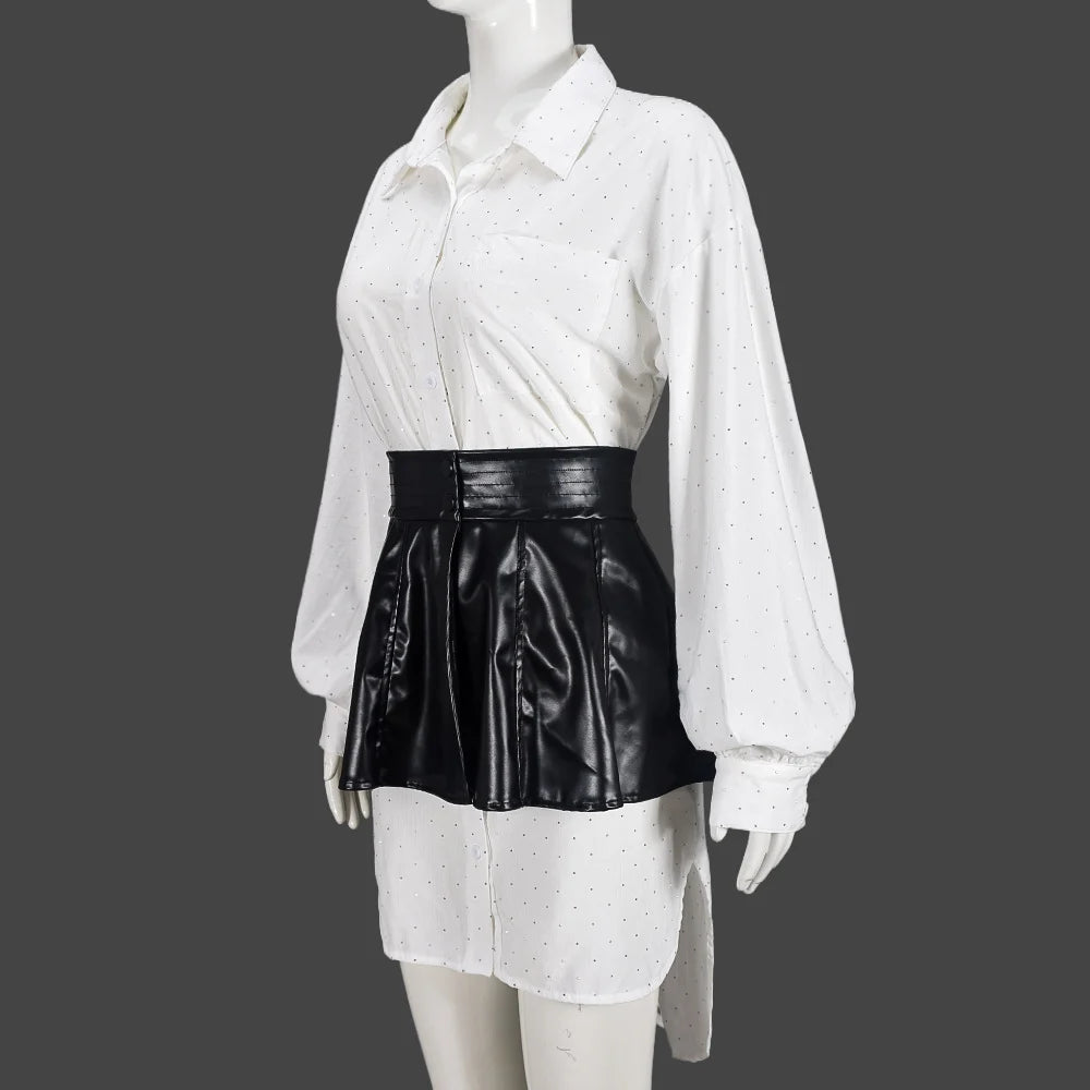 Girls Of Fashion Contrast Casual 2 Piece Set Women Rhinestones Single-Breasted Puff Sleeve Shirt+High-Waisted Leather Mini Skirts Suit