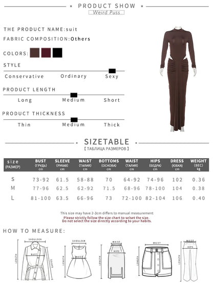 Weird Puss Casual Elegant Women 2 Piece Set Solid O-Neck Full Sleeve Bodysuit+Pleats Tassel Skinny Skirts Matching Hipster Suit %