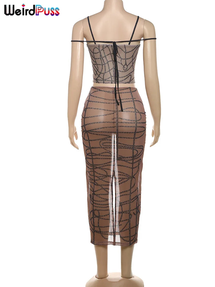 Weird Puss See Through Sexy 2 Piece Set Women Coquette Stripe Print Camisole+Long Skirts Midnight Clubwear Party Matching Suits