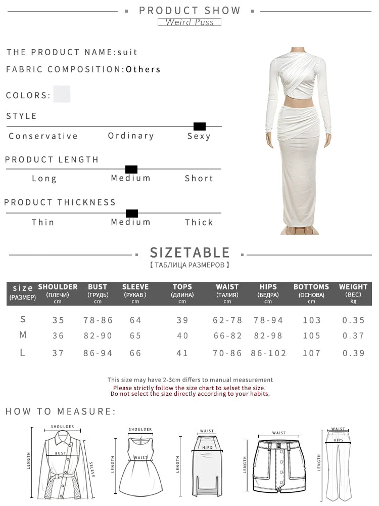 Weird Puss Pleats Casual 2 Piece Set Women O-Neck Full Sleeve Crop Tops+Simple Skinny Long Skirts Matching Elegant Trend Suit