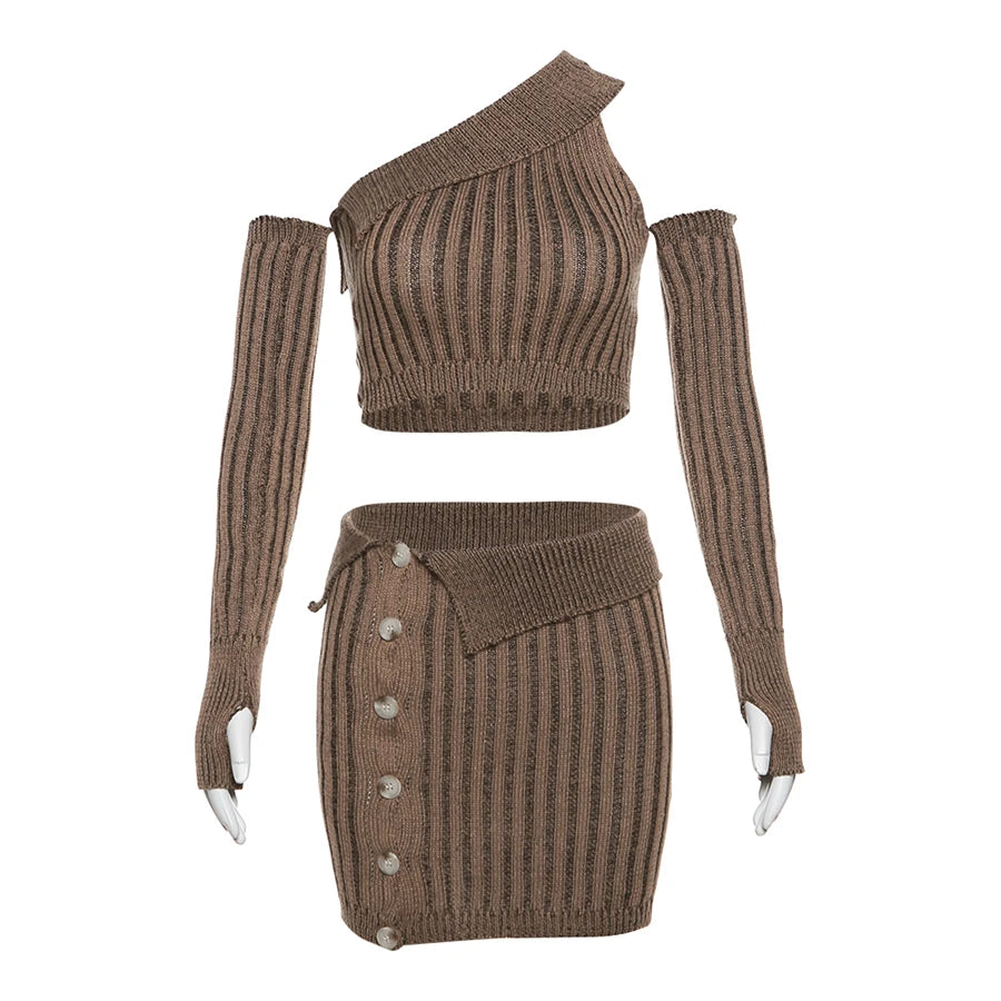 Weird Puss Knit Stripe 2 Piece Set Women Skew Collar Lapel Tank Tops+Glove+Button Chic Skirts Matching Streetwear Slim Outfits