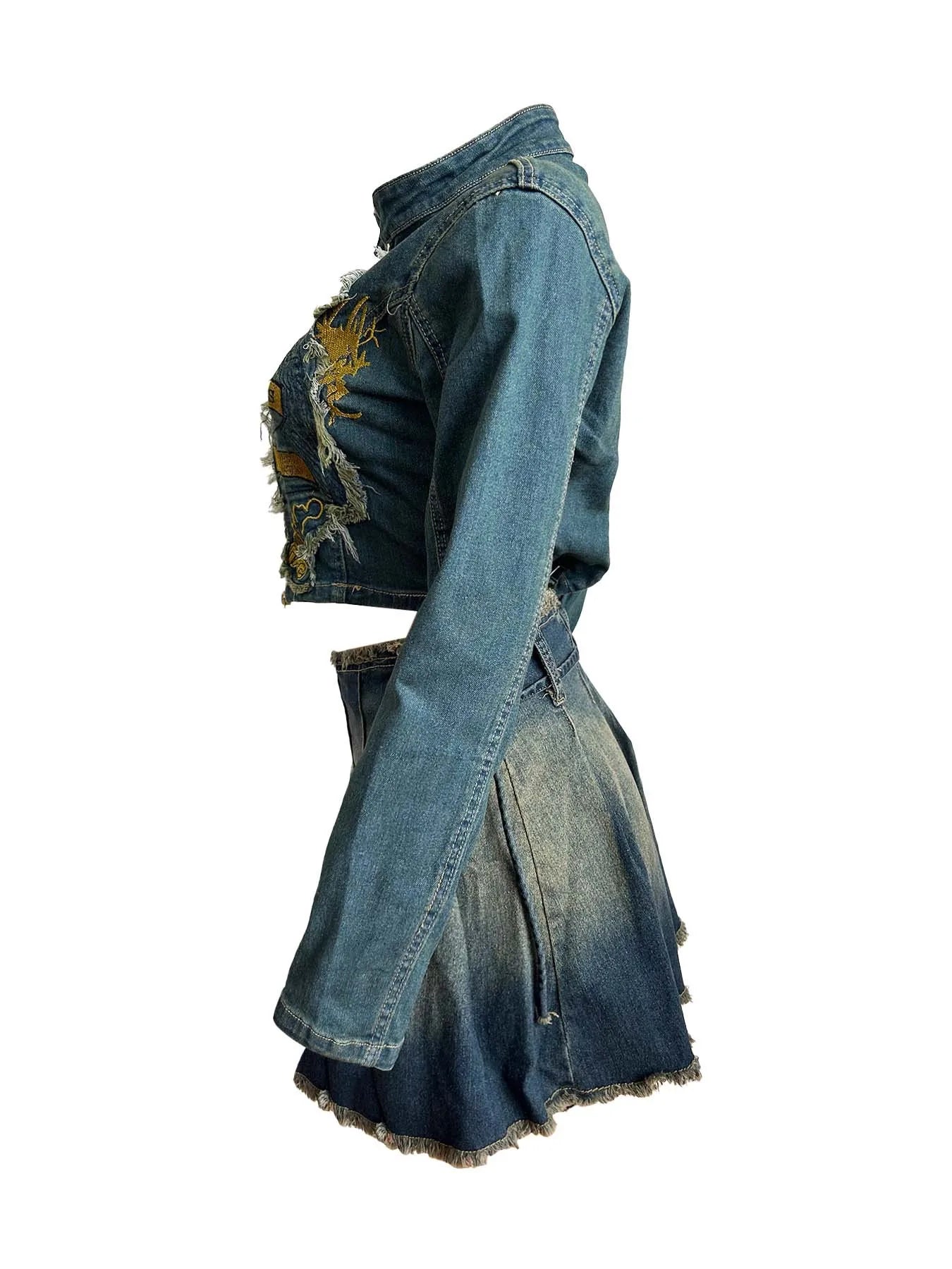 Weird Puss Y2K Denim 2 Piece Set Women Fall Ripped Letter Embroidery Zip Jacket+Pleated Skirt Matching Street Hipster Outfits