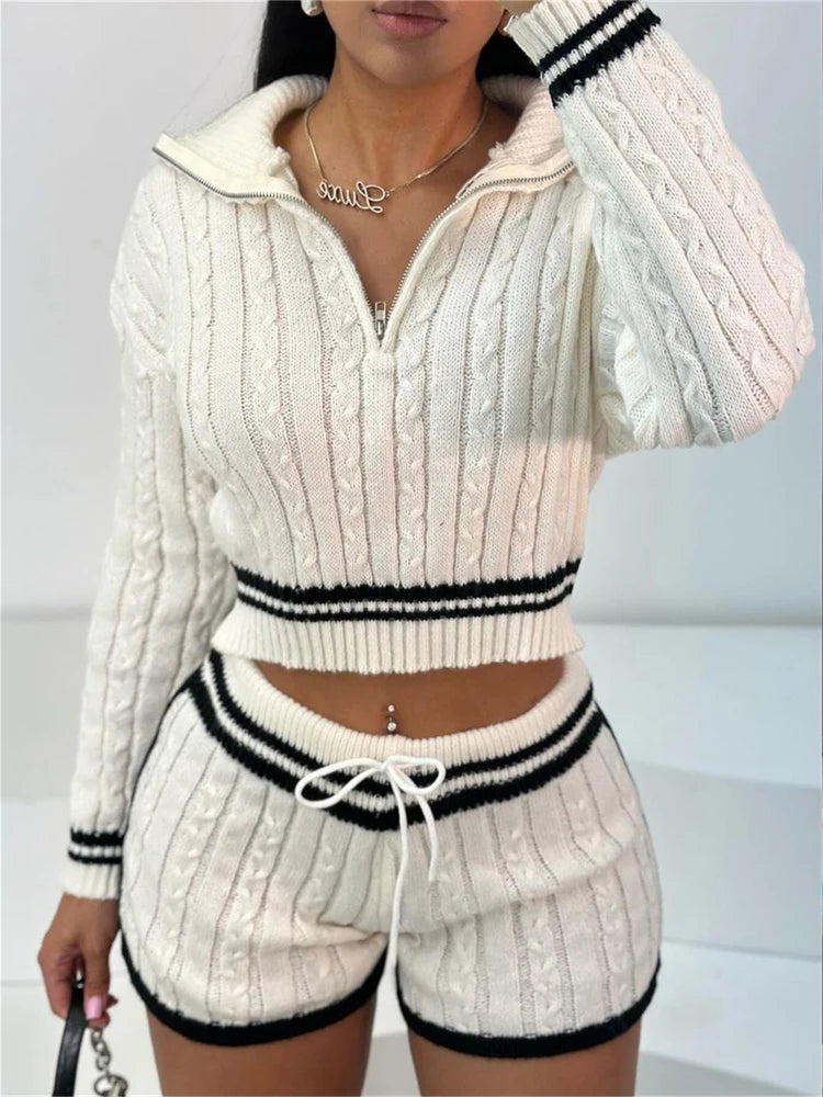 Weird Puss Knitted Contrast 2 Piece Set Women Zipper Lapel Neck Full Sleeve Crop Tops+Drawstring Skinny Mini Shorts Casual Suit