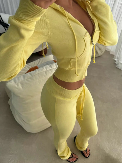 Weird Puss Shirring Contrast 2 Piece Set Women Hooded Zipper Long Sleeve Crop Jacket+Sporty Stretch Pants Matching Workout Suit