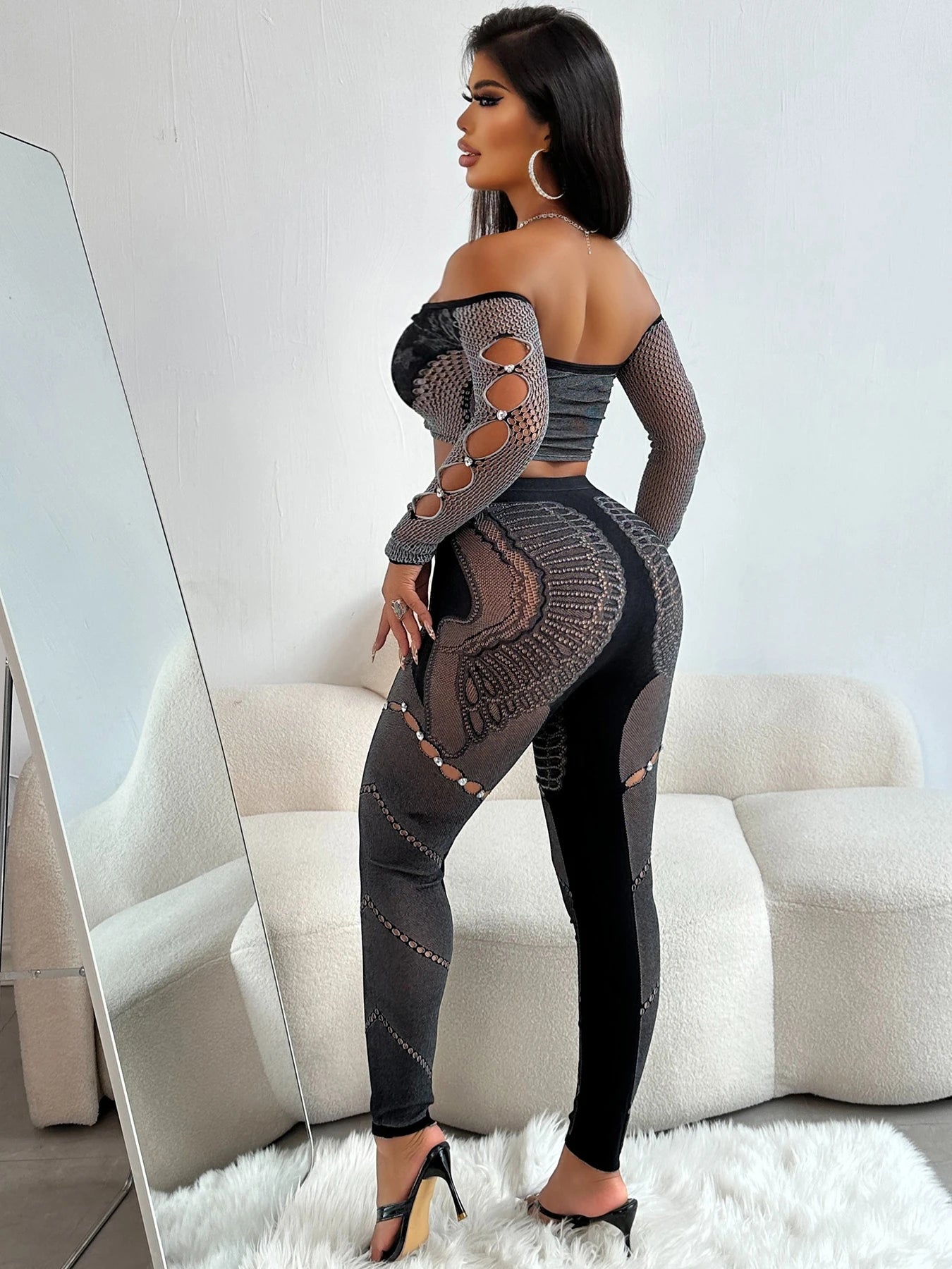 Weird Puss Sexy Thick Women 2Piece Set Chic Hollow Rhinestones Slash Neck Crop Tops+Patchwork Leggings Stretch Matching Clubwear