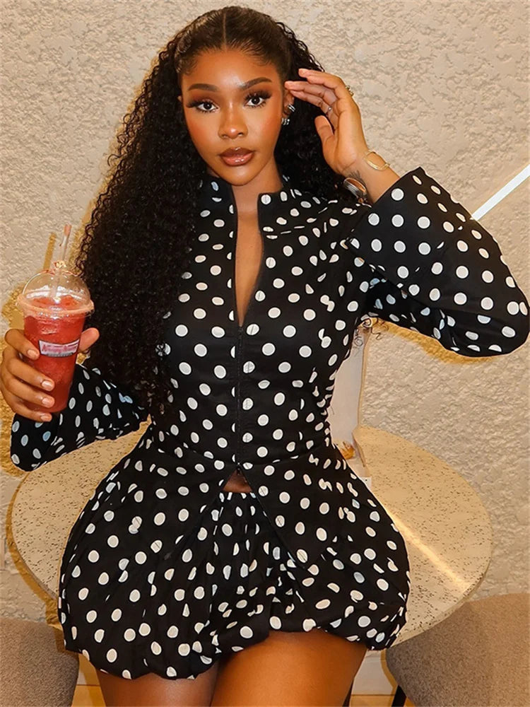 Girls Of Fashion Dots Print 2 Piece Set Women Zipper Cardigan Full Sleeve Jacket+Elastic Waist Ruffles Skirts Trend Streetwear Suits