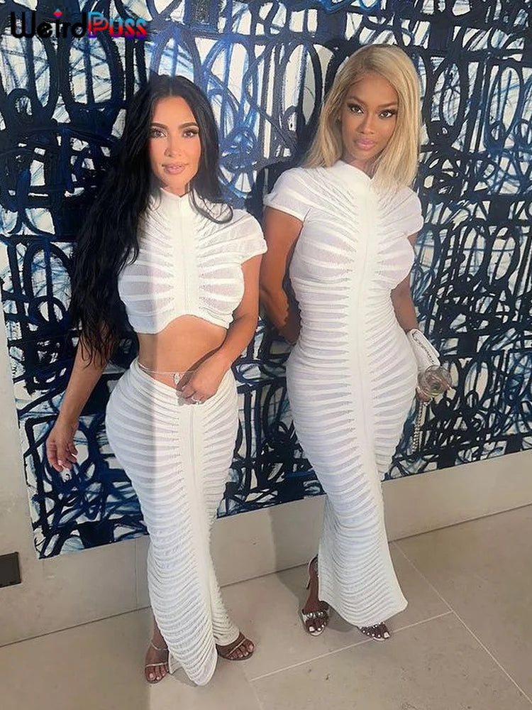 Girls Of Fashion Knit Women Tracksuit 2 Piece Set Striped Stretch See Through Shorts Sleeve Crop Tops+Maxi Skirts Matching Streetwear