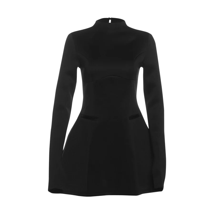 Girls Of Fashion Elegant Backless Dress Women Button Half High Collar Zipper Solid Long Sleeve Autumn Casual Street Trend Mini Bodycon //