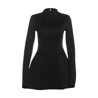 Girls Of Fashion Elegant Backless Dress Women Button Half High Collar Zipper Solid Long Sleeve Autumn Casual Street Trend Mini Bodycon //