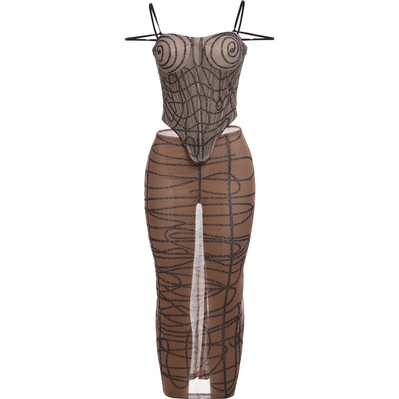 Weird Puss See Through Sexy 2 Piece Set Women Coquette Stripe Print Camisole+Long Skirts Midnight Clubwear Party Matching Suits