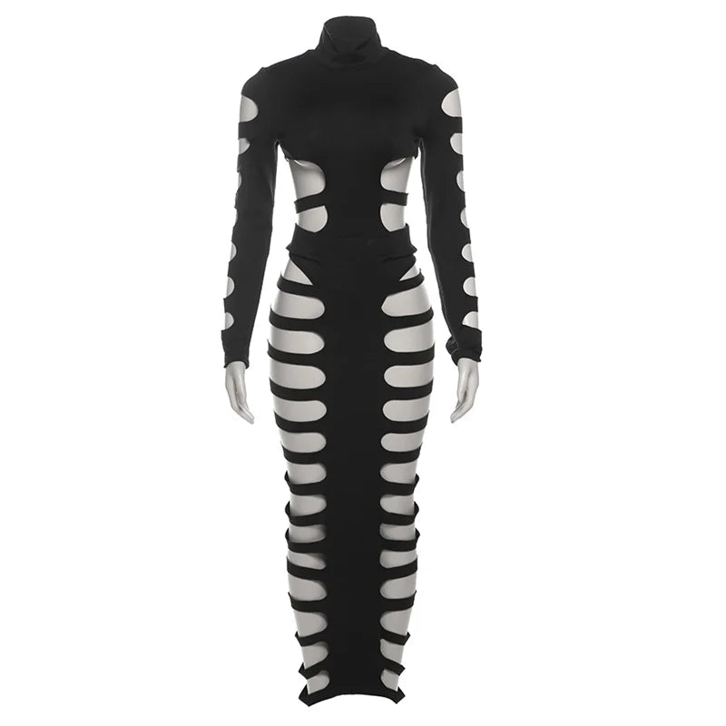 weird puss hollow sexy 2 piece set women fall midnight party club Rave full sleeve bodysuit tops+long skirts matching outfits