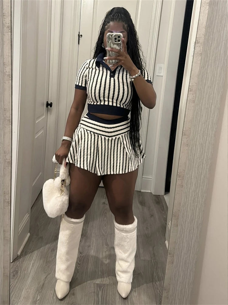 Girls Of Fashion Black White Striped 2 Piece Set Women Button Polo-Neck Short Sleeve Crop Tops+Ruched Skinny Skirts Street Trend Suits