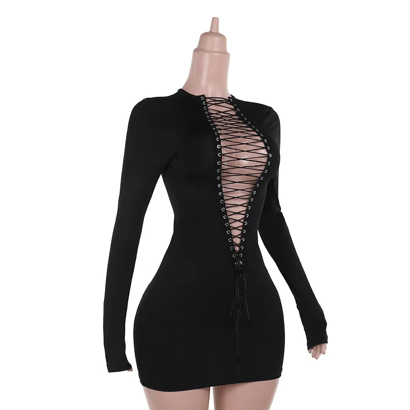 Girls Of Fashion Hollow Shirring Sexy Dress Women Hipster Full Sleeve Coquette Midnight Party Clubwear Stretch Skinny Mini Bodycon //