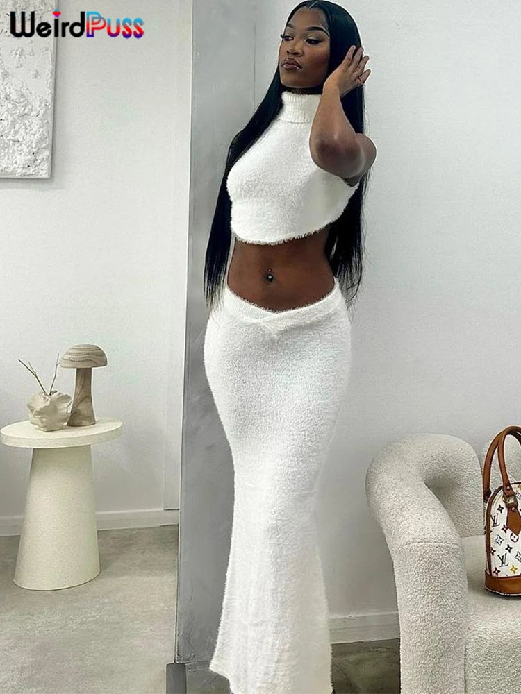 Girls Of Fashion Furry Women Elegant 2 Piece Set Solid Simple Basic Irregular Tank Tops+Long Skirts Matching Stretch Knit Summer Suits