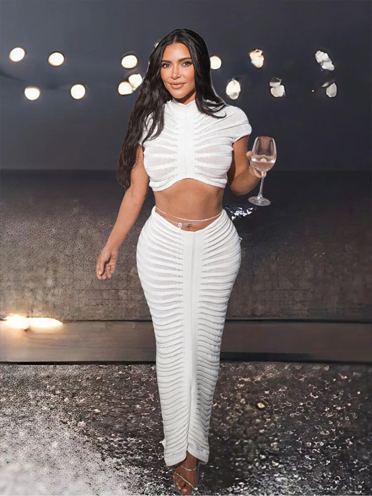 Girls Of Fashion Knit Women Tracksuit 2 Piece Set Striped Stretch See Through Shorts Sleeve Crop Tops+Maxi Skirts Matching Streetwear