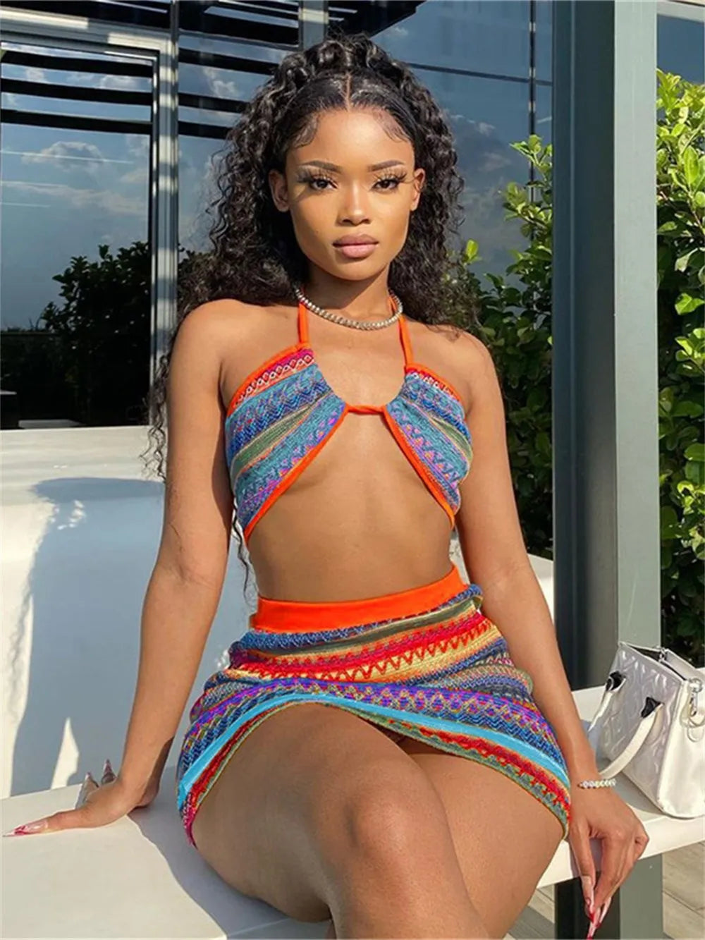 Girls Of Fashion 2 Piece Set Women Colorful Wavy Striped Halter Bandage Tank Tops+Mini Skirt Matching Streetwear Vacation Slim Outfits