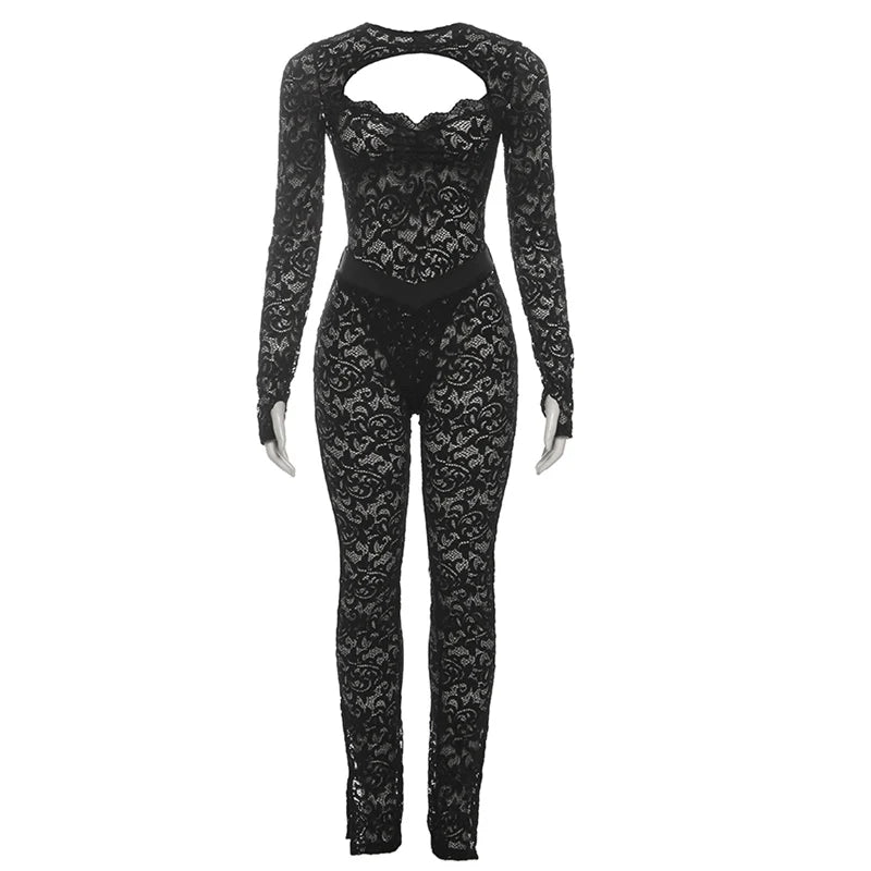 Weird Puss See Through 2 Piece Set Women Sexy  Hollow Jacquard Backless Bodysuit+Leggings Tight Activity Clubwear Skinny Outfits %