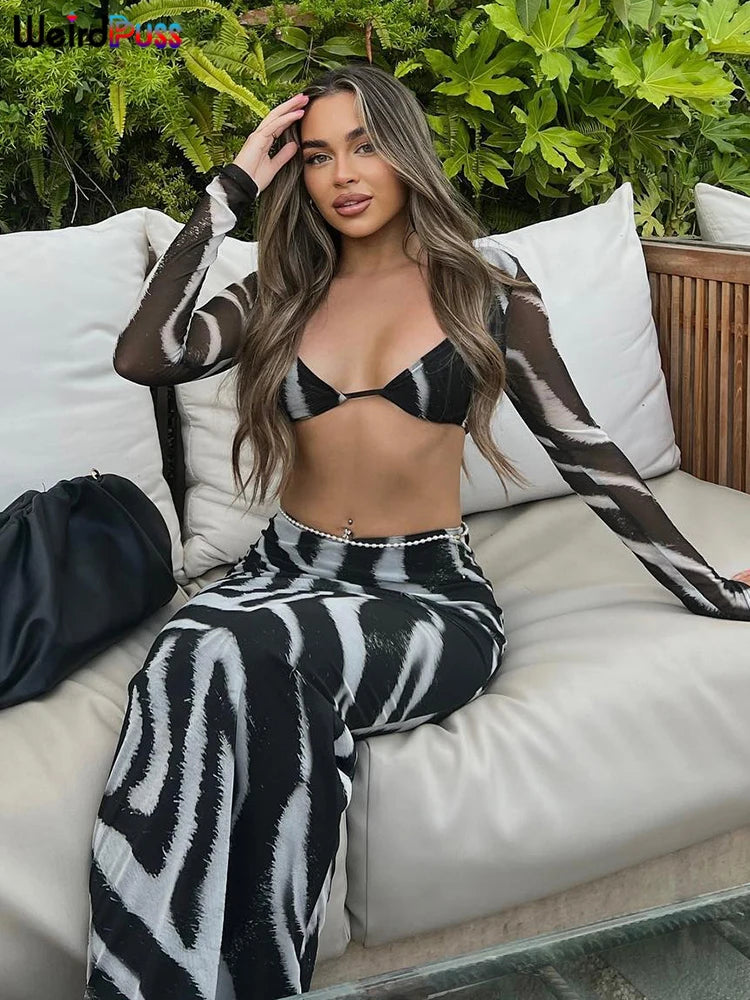 Weird Puss Zebra Print 2 Piece Set Long Sleeve Elegant Fashion Cut Crop Top+Maxi Skirts Matching Slim Coquette Clubwear Outfits