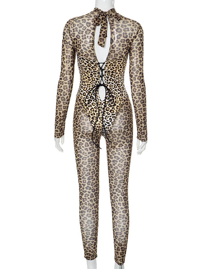 Weird Puss Leopard See Through Jumpsuit Women Patchwork Velvet Bandage Backless Hottie Skinny Sexy Wild Trend Clubwear Overalls %