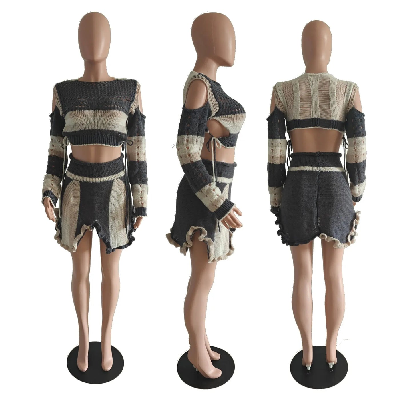 Weird Puss Knit 2 Piece Set Irregular Patchwork Full Sleeve Crop Top+Mini Irregular Skirts Matching Streetwear Stretch Outfits