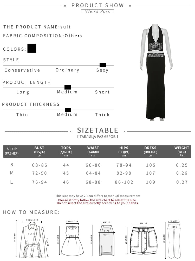 Weird Puss Sexy Summer Women 2 Piece Set Halter Mesh Patchwork Backless Tops+Waistband Long Skirts Midnight Matching Clubwear